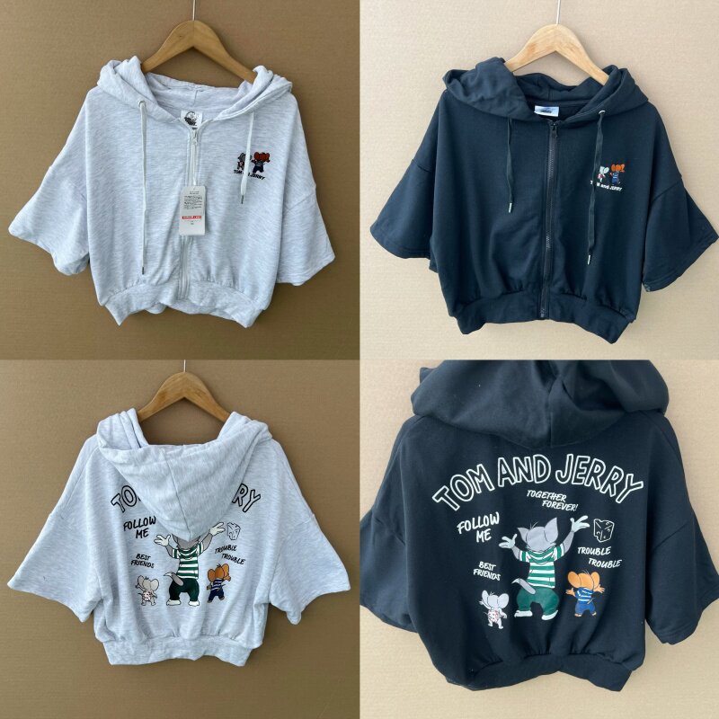 2O-29夏秋款简约连帽拉链款男女后背猫和老鼠印花半袖T恤Z25-8