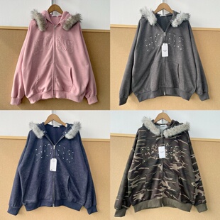 卫衣外套慵懒风韩系高级感Y26 复古高街毛领连帽开衫 37美式 周1