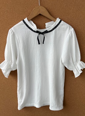 2M-57大童款高弹力森系黑色织带蝴蝶结设计木耳收口花边袖Z25-9