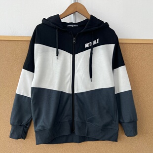 连帽抽绳拉链撞色拼接字母印花双口袋洋气外套Z26 31大童款 2W1