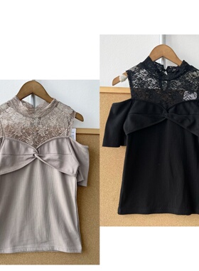 R2-73夏季假两件蕾丝拼接露肩T恤上衣显瘦性感辣妹小众套头Y26-3