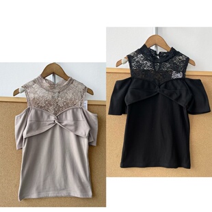 假两件蕾丝拼接露肩T恤上衣显瘦性感辣妹小众套头Y26 73夏季