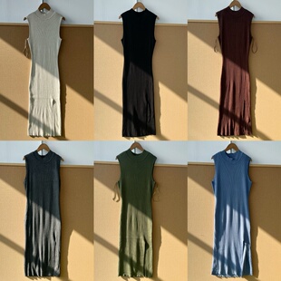 Z25 针织开叉连衣裙气质百搭修身 43韩系圆领多巴胺温柔无袖