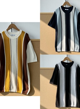 楼8-69男士纯棉针织短袖复古街头拼色粗竖条纹圆领百搭上衣Z25-12