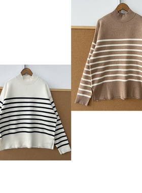 西4-51特好！厚实！撞色条纹长袖针织上衣休闲内搭慵懒风Y25-11