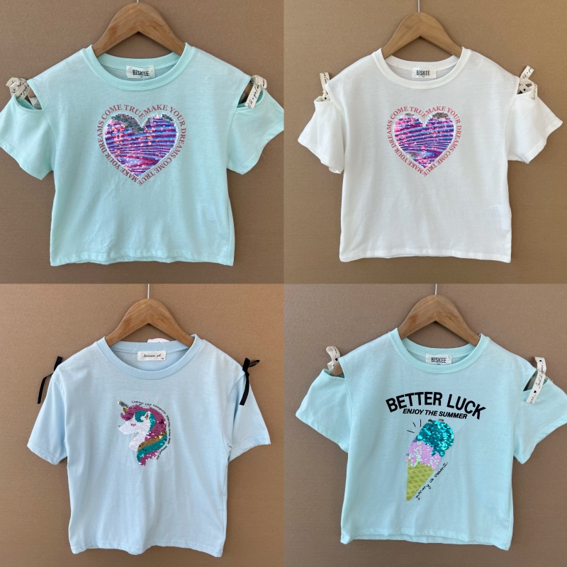 2T-65夏季童装亮片上下波动爱心独角兽冰激凌图案可爱上衣Z25-8