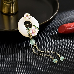 复古宫廷别针 古风玉石花朵流苏胸针高档女平安扣旗袍胸花新款