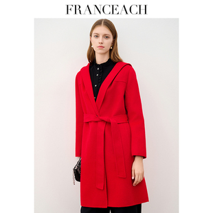法涵意弛本命年红色双面呢大衣女2025秋冬新款连帽羊毛子呢外套女