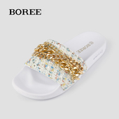 女士拖鞋 女 链条百搭休闲软底一字拖外穿防滑居家平底凉鞋 夏季 时尚