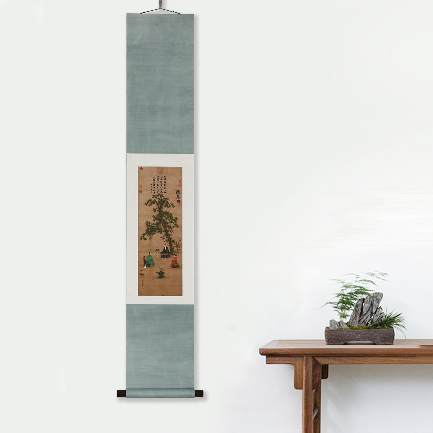 虫二书画 新中式书房禅意装饰 听琴图复制品留白喷绘画卷轴画定制