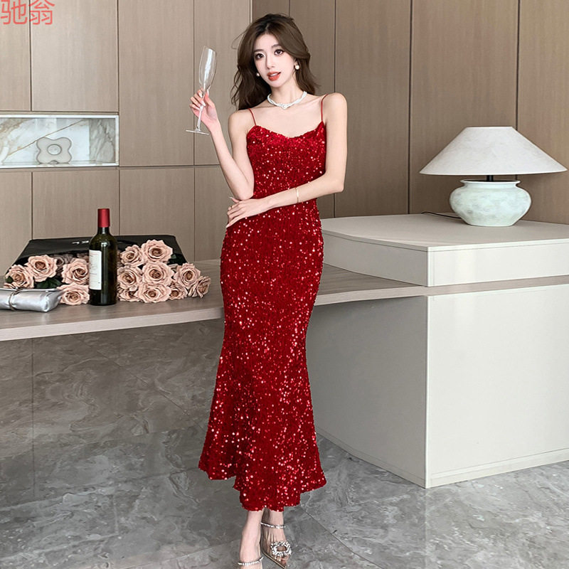 Y9Z法式名媛吊带连衣裙女礼服晚会战袍生日性感红色长裙气质黑色
