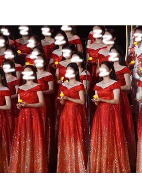 演出服大合唱团主持人指挥服装红歌高端气质表演舞台红色晚礼服