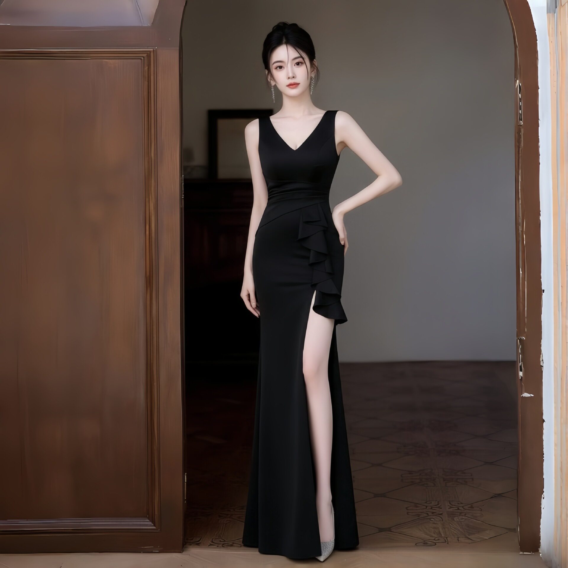 红色深V领晚礼服裙女荷叶边高开叉收腰显瘦宴会敬酒气质鱼尾长款