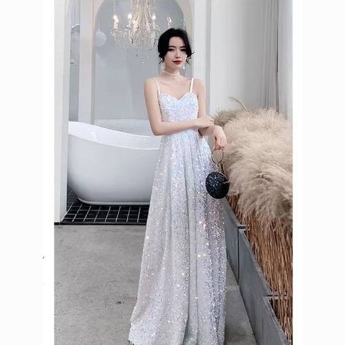 晚礼服吊带亮片中长款连衣裙时尚新款新娘订婚宴会小礼服裙女超仙