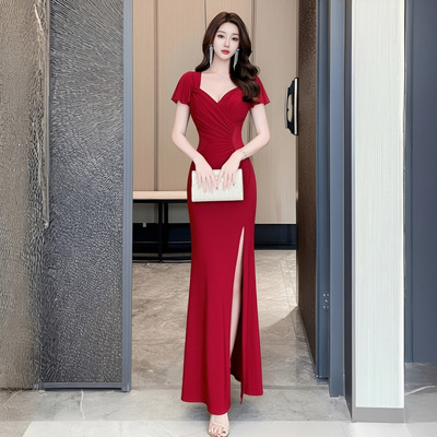 方领收褶晚礼服裙子开叉长款明艳港风氛围感修身显瘦气质女神裙装
