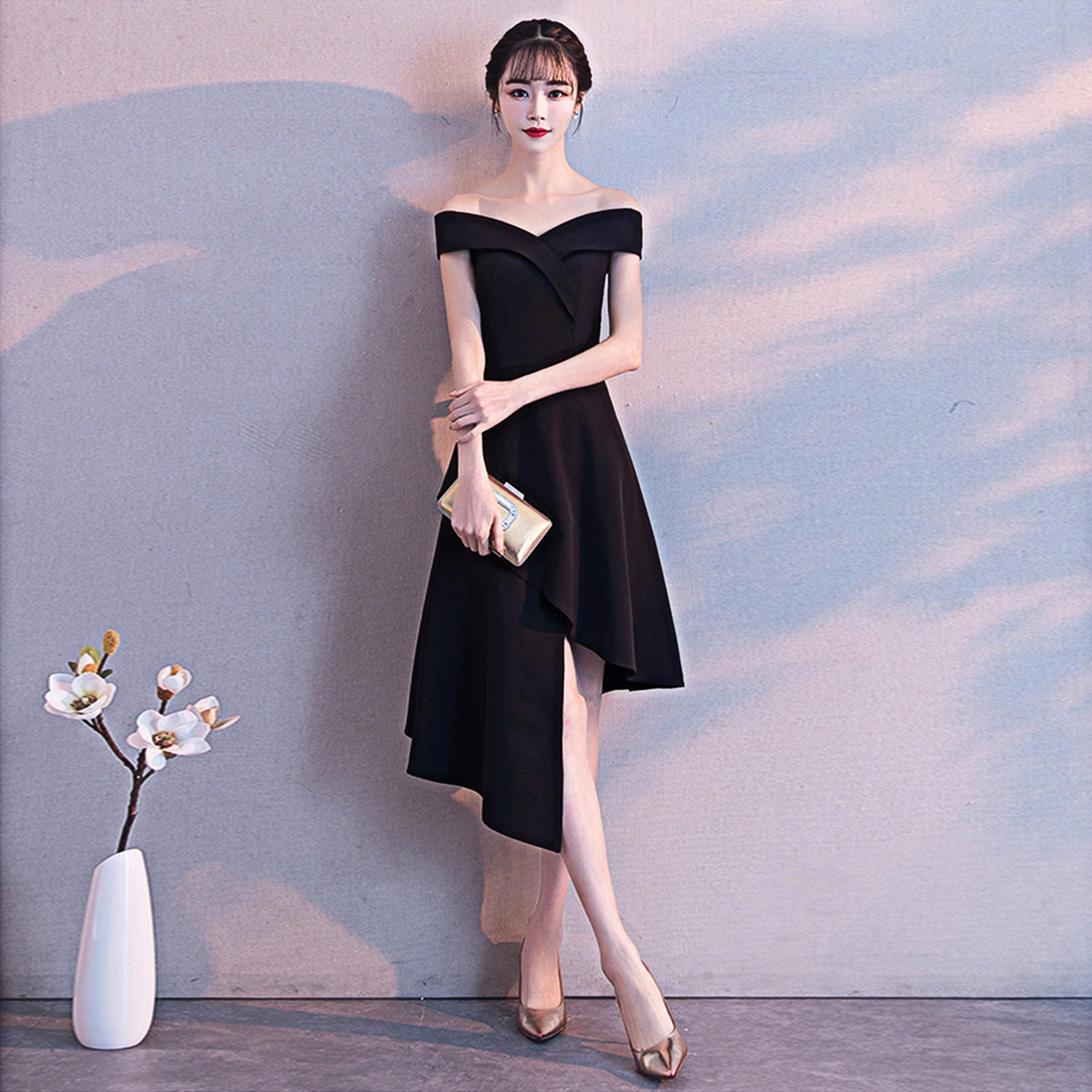 晚礼服女小个子宴会气质名媛一字肩中长款显瘦公司年会派对连衣裙