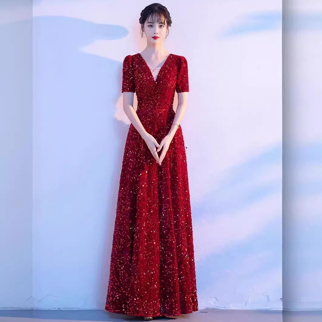 酒红色大合唱演出服女长裙唱红歌礼服合唱团服装比赛指挥表演服装