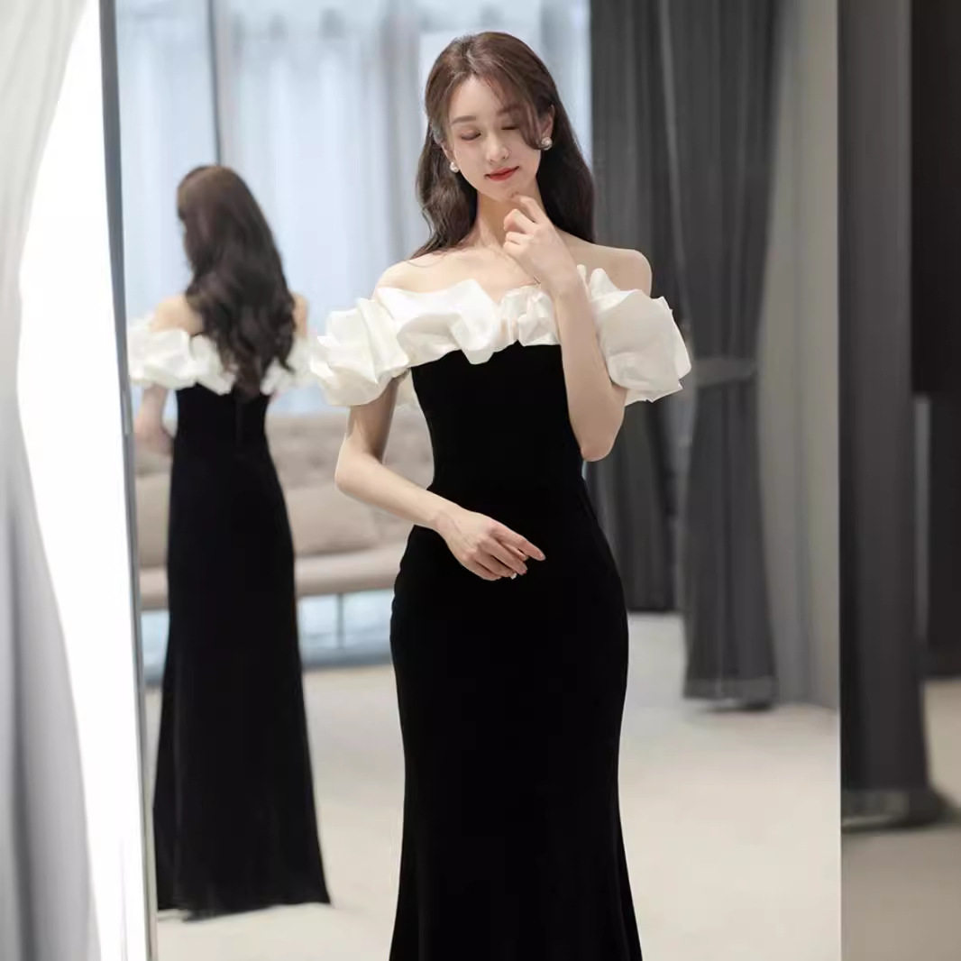 一字肩晚礼服女感生日黑色订婚连衣裙敬酒服新娘鱼尾法式年会