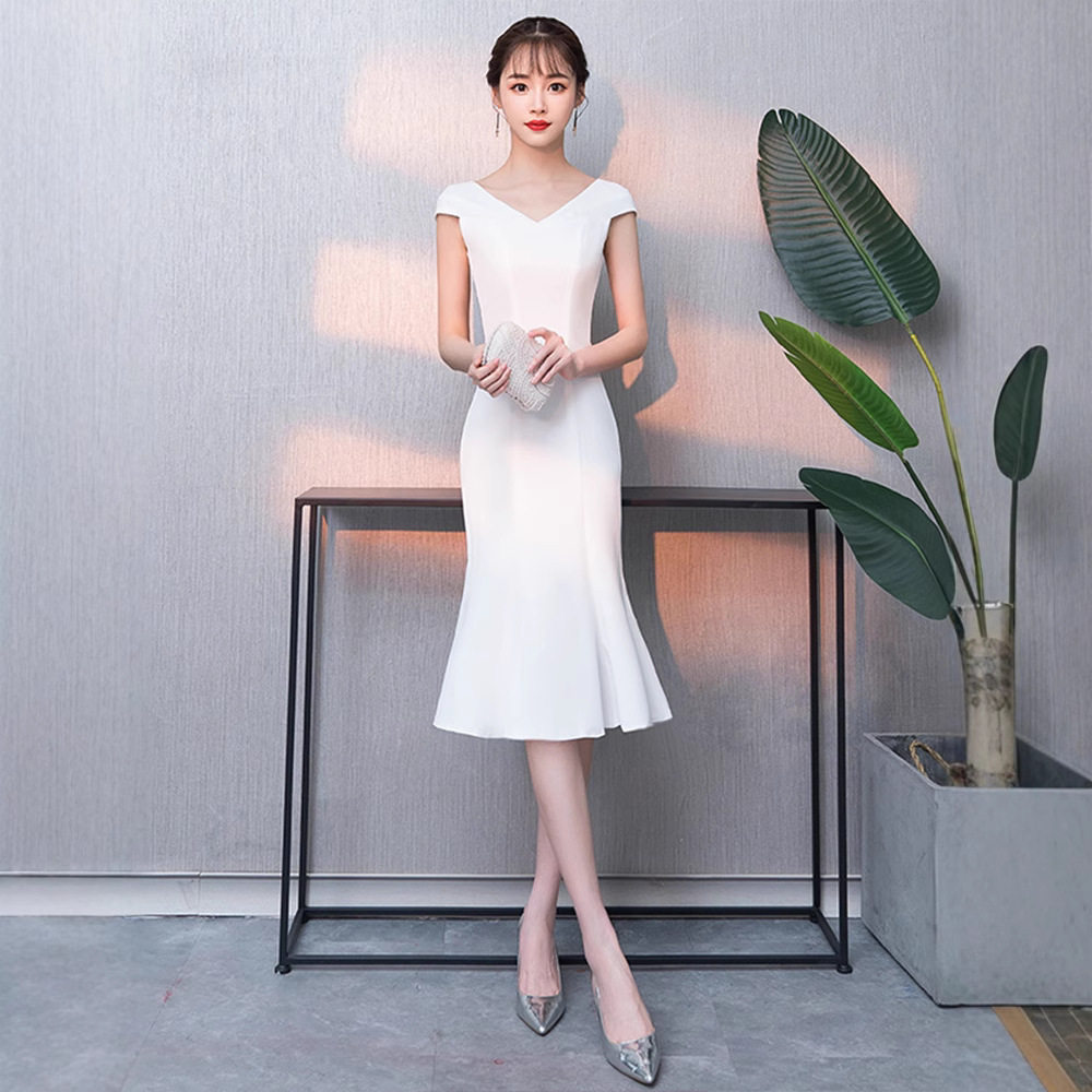 晚礼服裙女简单大方主持人气质白色小个子晚宴小礼服宴会平时可穿
