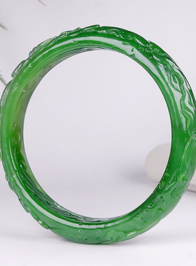 【天石玉器】新疆和田玉手镯 和田玉碧玉莲花菠菜绿手镯 油性满满