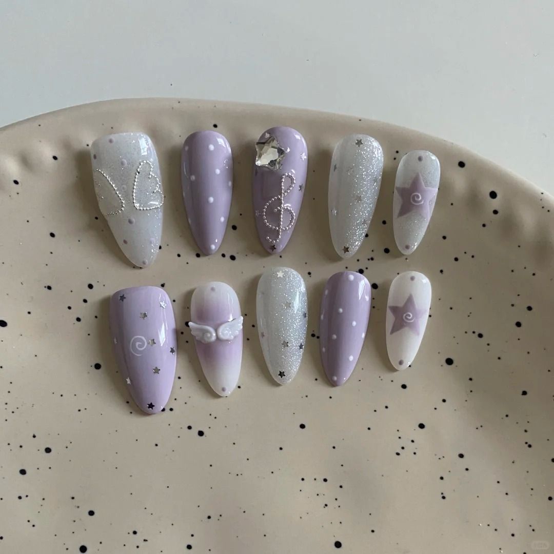 香芋紫渐变星星闪粉穿戴甲爱心蝴蝶结链条钻甲片半手工成品美甲
