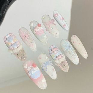 甜甜糖糕美甲穿戴多巴胺春日新款 蝴蝶结指甲可爱显白气质