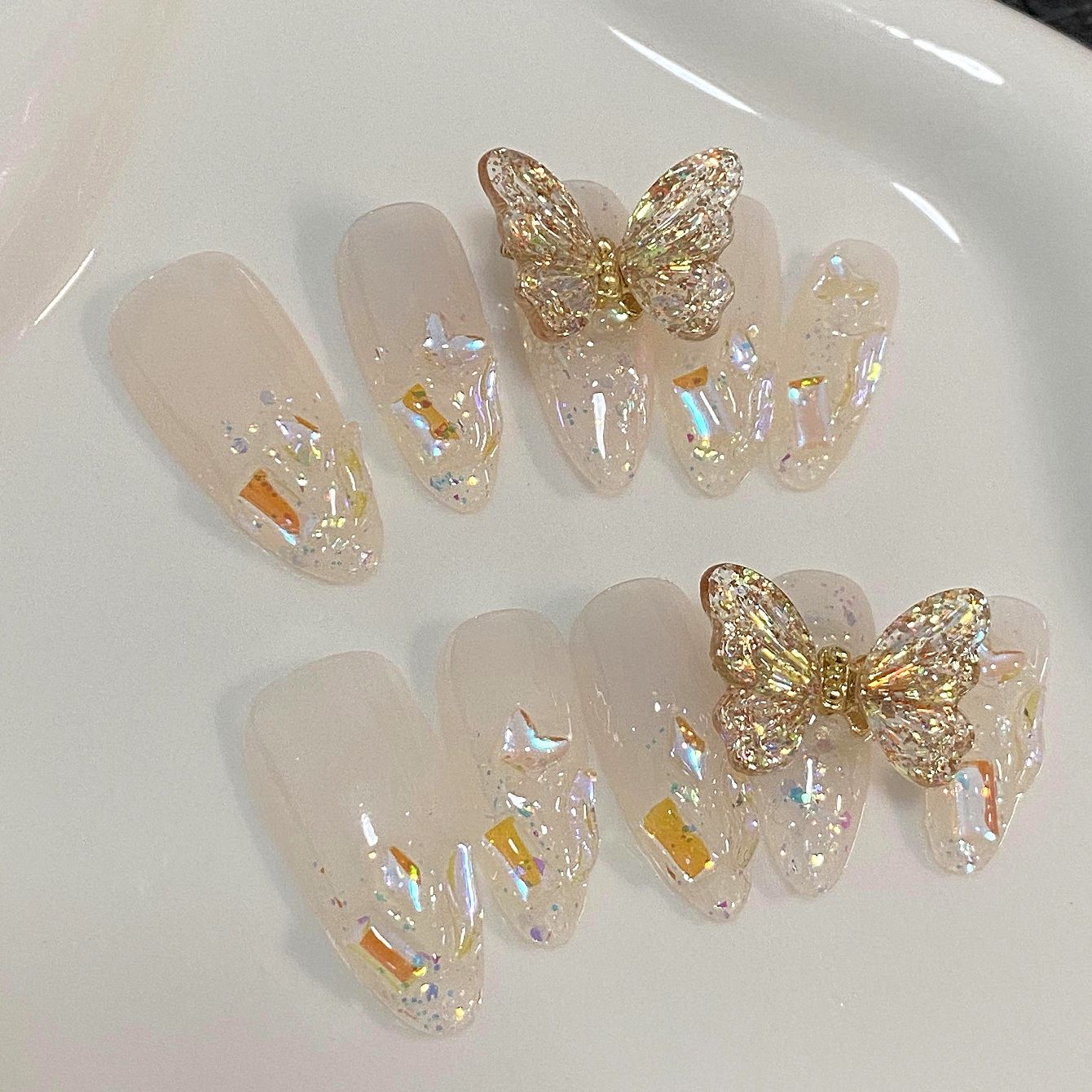 韩系ins蝴蝶精灵千禧富家千金柚子茶水晶立体法式穿戴美甲可拆卸