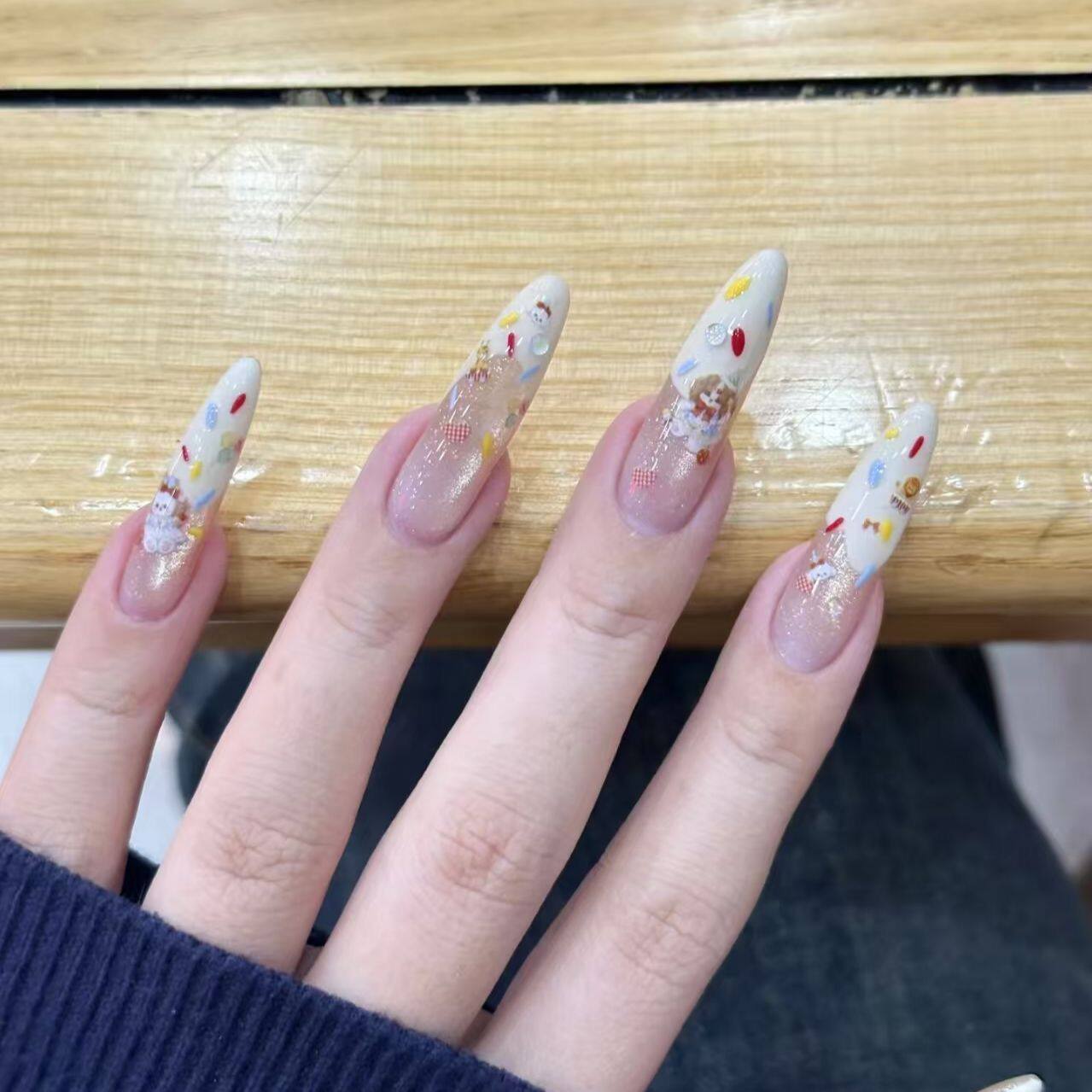 卡通穿戴动物糖果新款派对高级法式成品美甲可爱白色显白