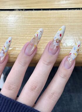 卡通穿戴动物糖果新款派对高级法式成品美甲可爱白色显白