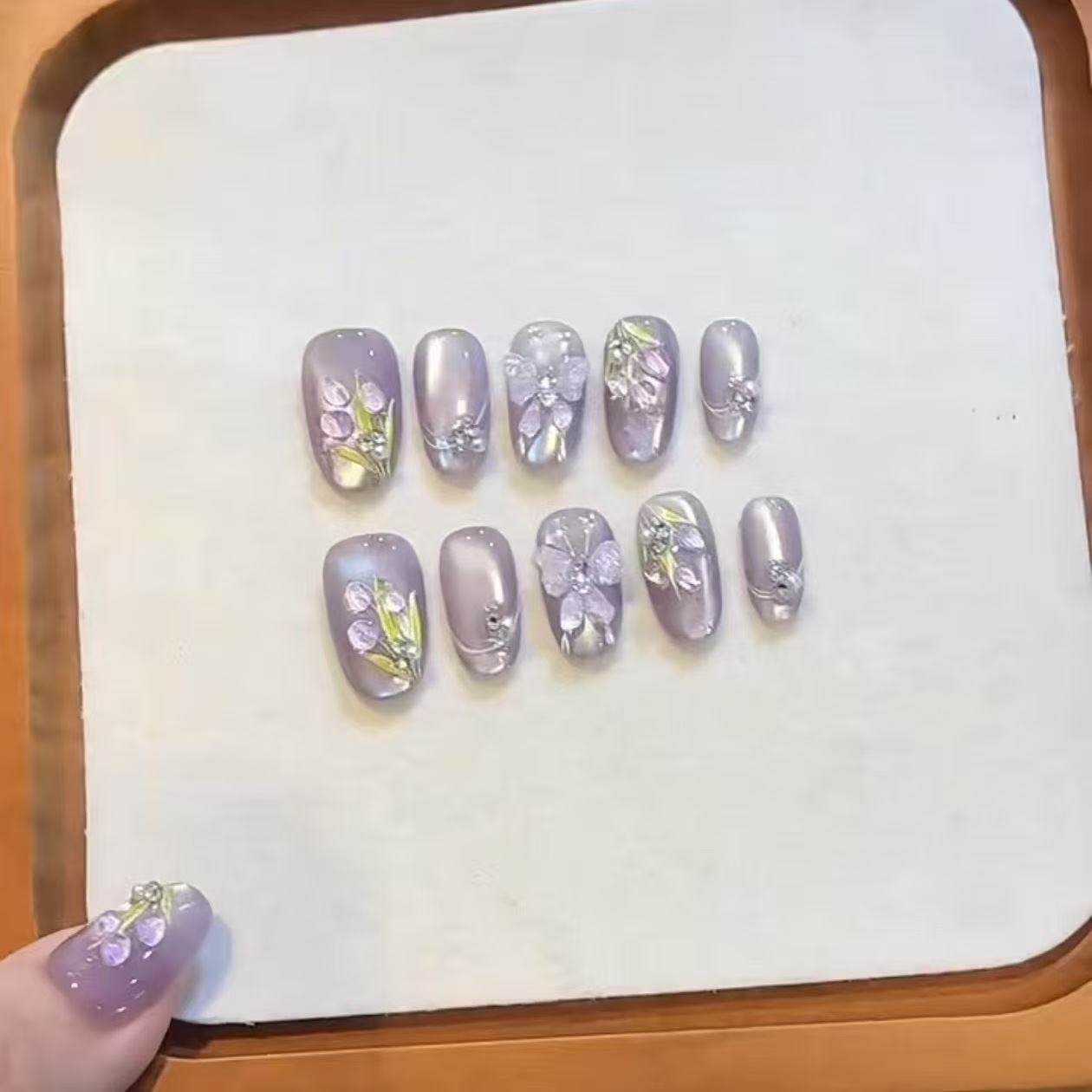 猫眼新款紫色春天美甲温柔郁金香立体花蝴蝶显白穿戴贴片,彩妆/香水/美妆工具,穿戴甲/甲片,淘宝优惠券,粉丝福利购,淘宝优惠卷