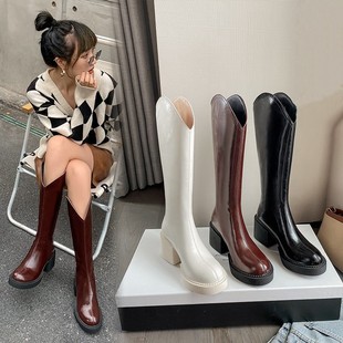 全牛皮V口西部靴女加加宽大筒围长筒靴粗高跟直筒粗腿胖mm骑士靴