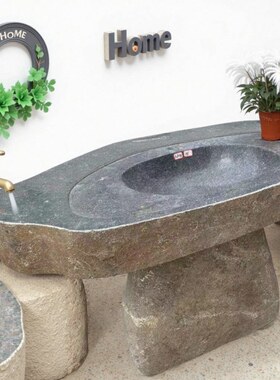 大号天然青石洗手盆园户外水池分体室外落地洗脸盆复古水槽台上盆