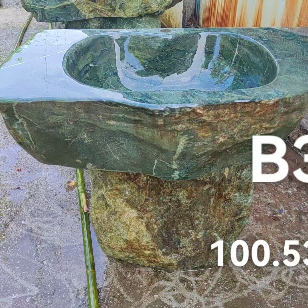 天然富贵绿分体式洗手盆庭院洗手台户外洗手池原石立柱盆石头台盆