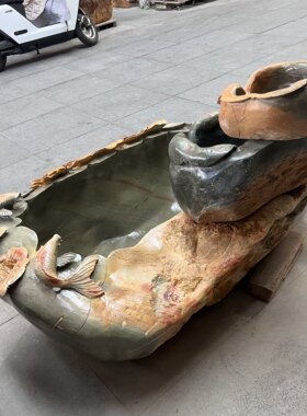 绿端砚石三层荷花流水鱼缸庭院原石循环水景落地摆件庭院摆件喷泉