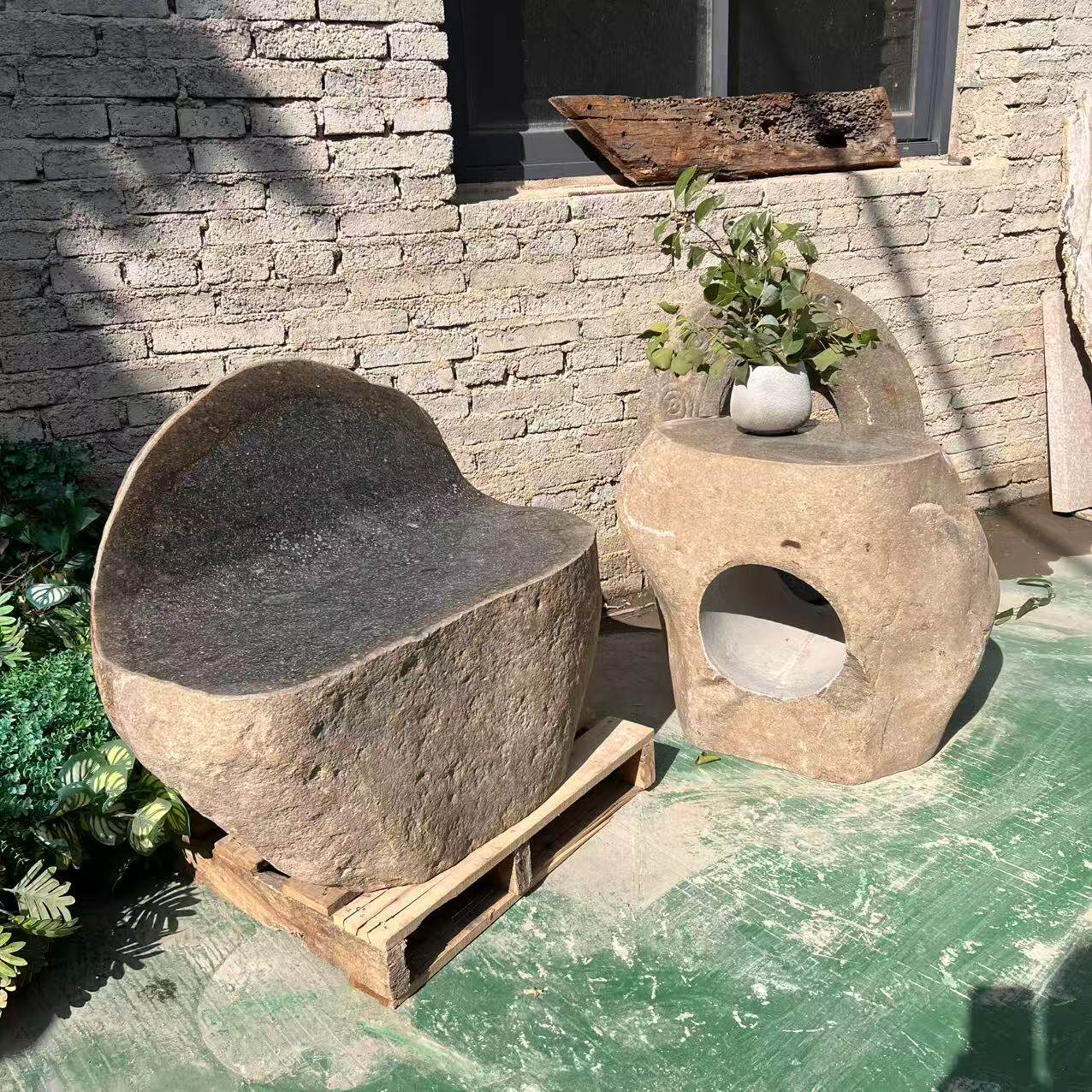 整石石桌石凳庭院花园户外天然石台鹅卵石桌椅户外别墅装饰台桌椅
