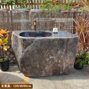 惠安天然复古砚石立柱盆一体洗手盆花园户外庭院石头洗水池室外洗