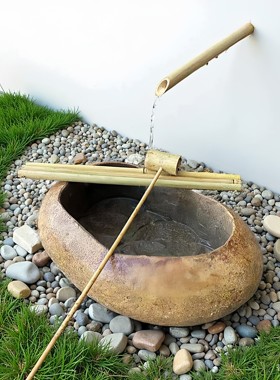 户外庭院水景天然鹅卵石鱼缸日式流水石钵石缸石槽水钵竹节流水池