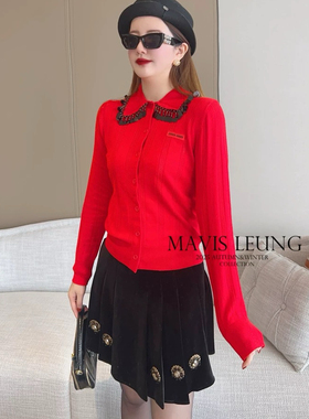 MAVIS LEUNG M1U系节日季 亮片流苏花边翻领羊毛针织+丝绒半身裙