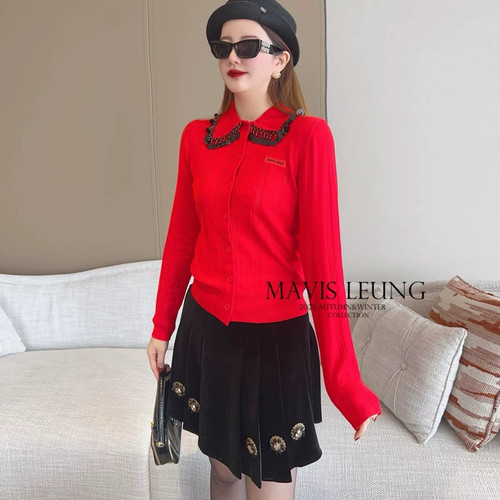 MAVIS LEUNG M1U系节日季 亮片流苏花边翻领羊毛针织+丝绒半身裙