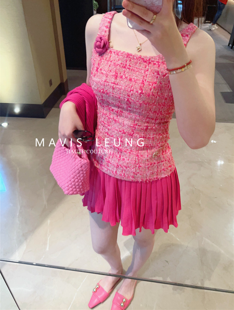 MAVIS LEUNG 靓丽一夏 提亮肤色浆果色/柔和桃粗花呢无袖夏款背心