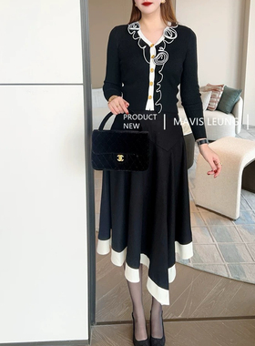 MAVIS LEUNG 巴黎小女人 赫本风立体花朵拼色边针织+不规则半裙