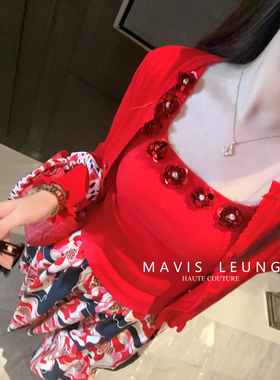 MAVIS LEUNG M1U里M1U气 立体亮片花朵车厘子红夏款背心+开衫