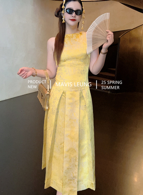 MAVIS LEUNG 花开富贵 吉祥如意新中式贵气金百褶长款无袖连衣裙