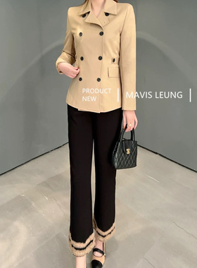 MAVIS LEUNG D10R经典设计 双排扣多穿法收腰风衣外套+毛边阔腿裤