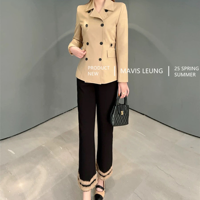 MAVIS LEUNG D10R经典设计 双排扣多穿法收腰风衣外套+毛边阔腿裤