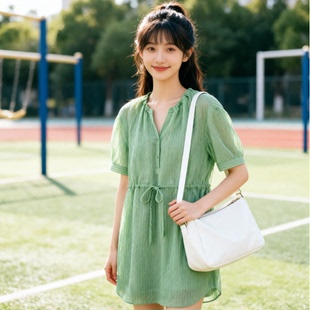高端999元【蒂】条纹宽松收腰半开扣减龄连衣裙品牌撤柜夏季女装