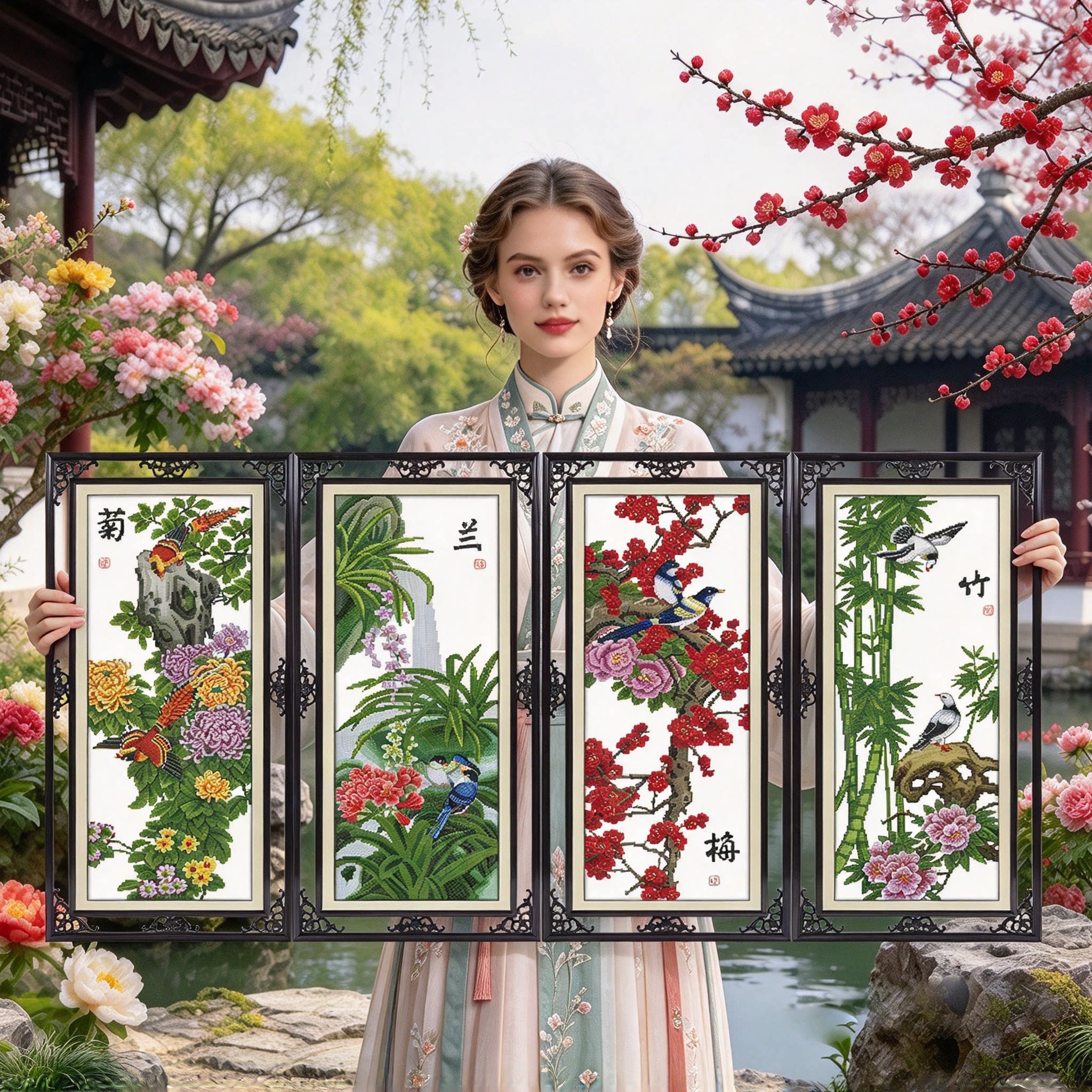 梅兰竹菊2026新款自己手工刺绣十字绣线绣高级感客厅竖版玄关兰花