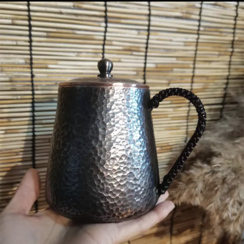网红新款纯紫铜手工大容量水杯子煮茶泡茶杯啤酒杯带盖冷水马克杯