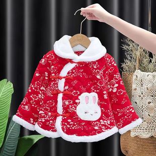 女童宝宝东北大花棉袄中国风冬季加厚加绒宝宝拜年服冬装外套棉服