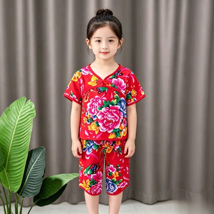 儿童东北大花套装童装女童夏季薄款唐装夏装女孩短袖中国民族风潮